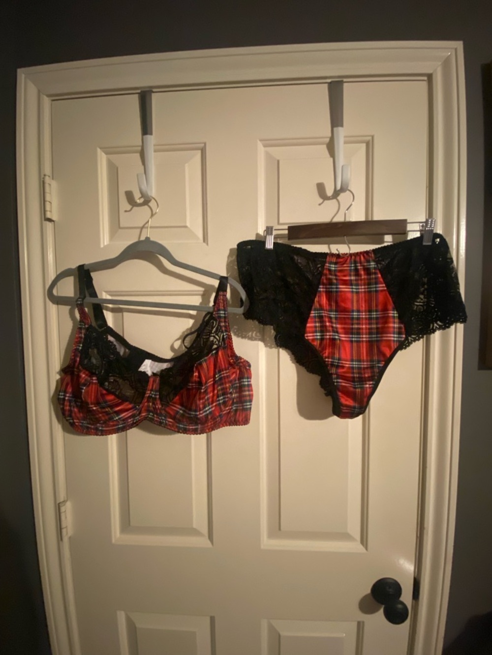 Plaid Lace Trim Lingerie Set - Red Tartan Bra & panty